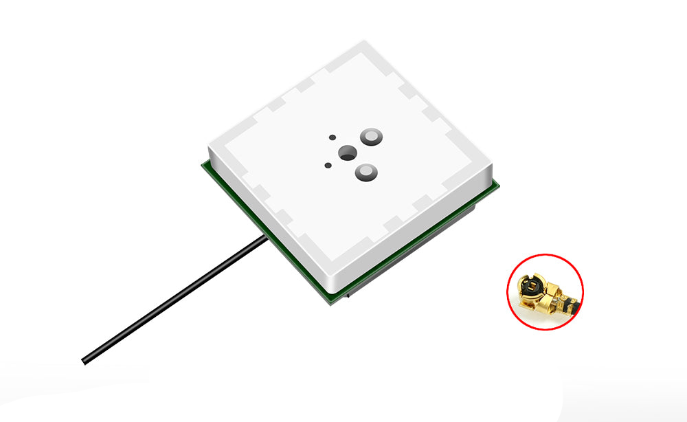 Square ceramic GPS/GNSS antenna module on PCB with coax lead and IPEX connector inset