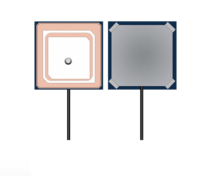 Top and bottom view of square GNSS patch antenna with attached cable lead