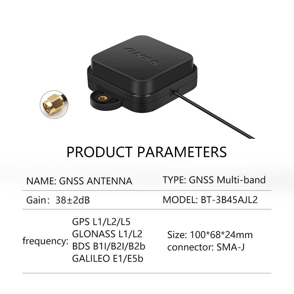 BT-3B45AJL2 product parameters table showing GNSS multiband frequency list, gain 38±2 dB, SMA-J