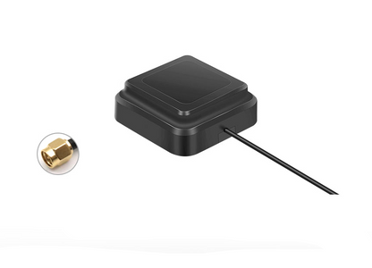 Compact black GNSS antenna puck with attached cable; SMA connector detail shown in inset