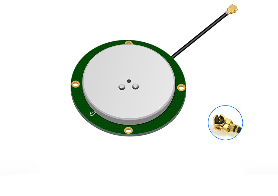 Beitian BT-4520 GNSS antenna round PCB with mounting holes, coax cable and IPEX connector close-up