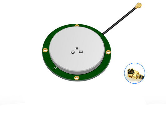 Beitian BT-4520 GNSS antenna round PCB with mounting holes, coax cable and IPEX connector close-up