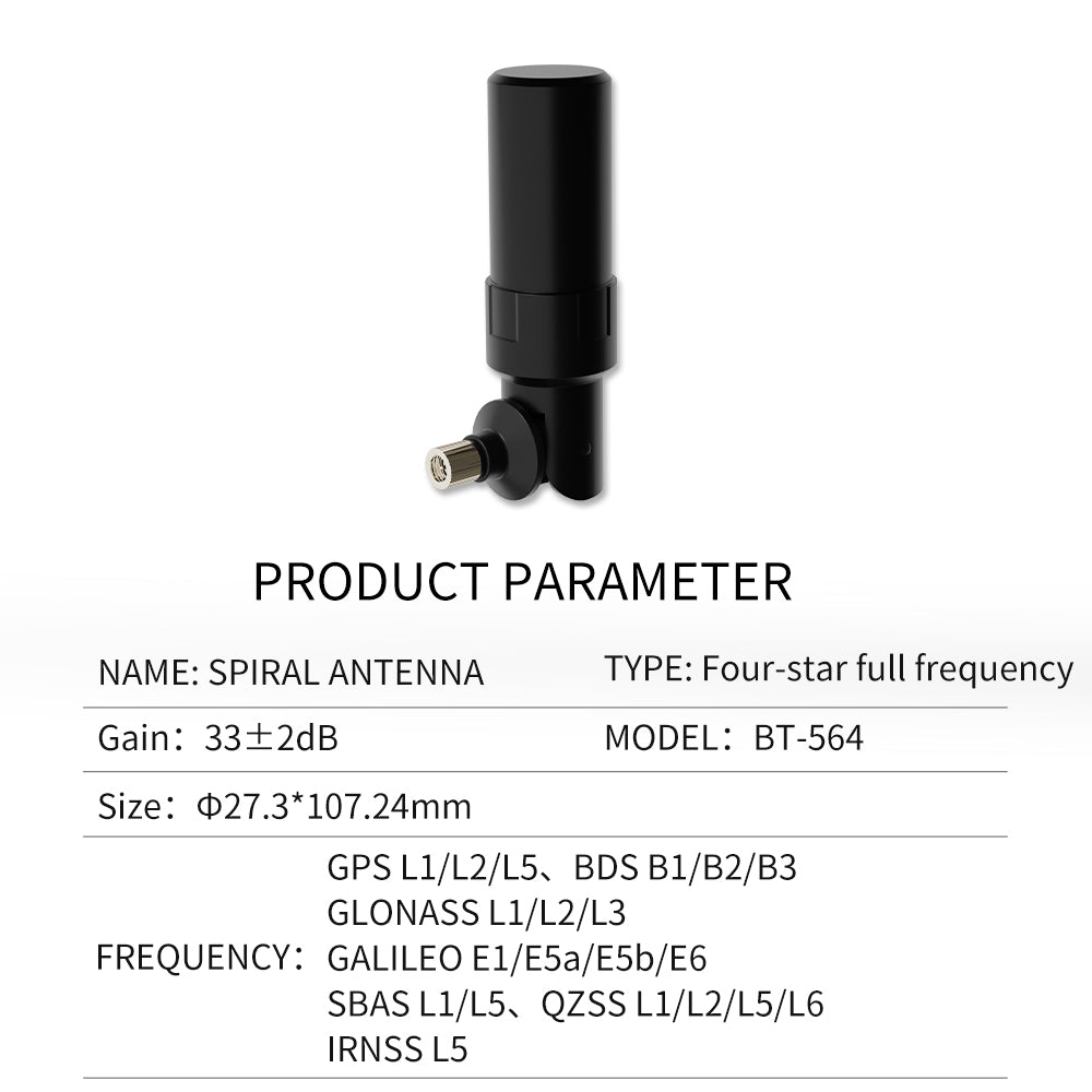 BT-564 product parameter table showing model, gain 33±2 dB, size, and supported GNSS bands