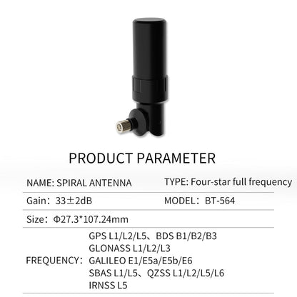 BT-564 product parameter table showing model, gain 33±2 dB, size, and supported GNSS bands
