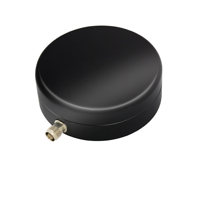 Beitian BT-700B GNSS RTK antenna close-up, black puck design with side-mounted TNC connector