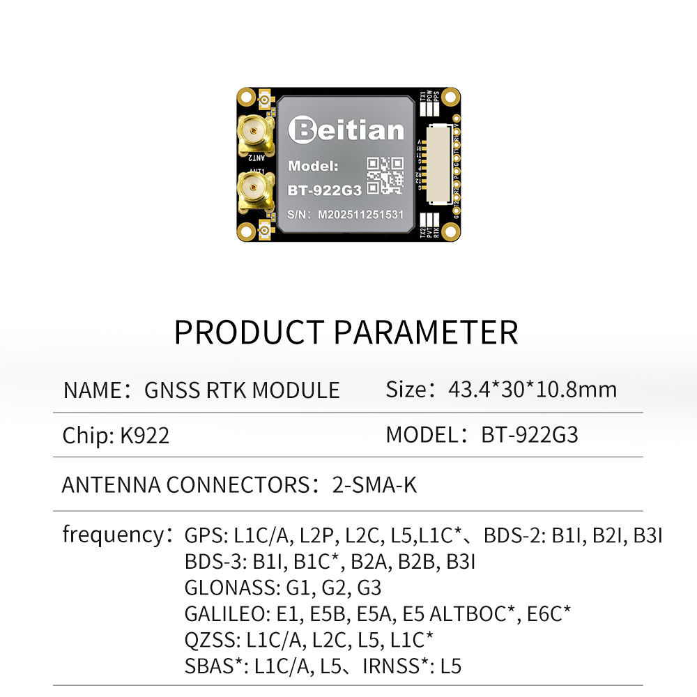 Beitian UM982 K922 GPS Module Navigation Surveying Positioning Precision Centimeter-level RTK GNSS Module BT-982G1