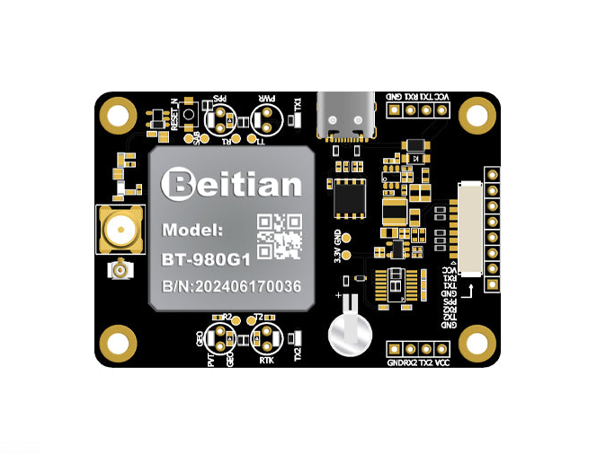 Beitian BT-980G1 GNSS RTK module board, top view with Type-C port and pin header
