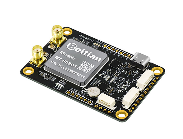 Angled view of Beitian BT-982G1 RTK GNSS board with 2 SMA connectors, USB-C port, and JST sockets