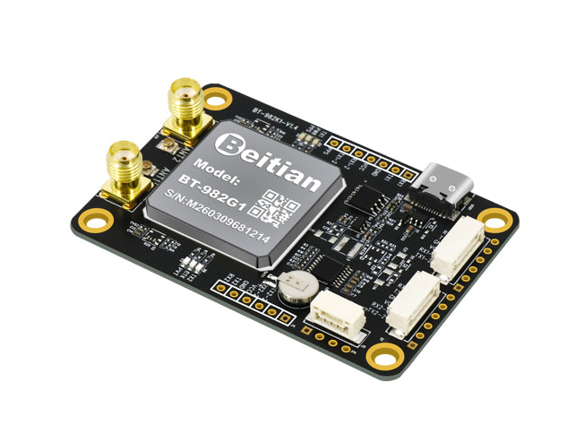 Beitian BT-982G1 RTK GNSS board angled view with dual SMA antenna ports, Type-C and JST connectors