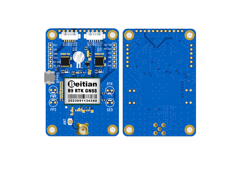 Beitian BT-F9P RTK GNSS module front and back views with SMA antenna port and pin headers