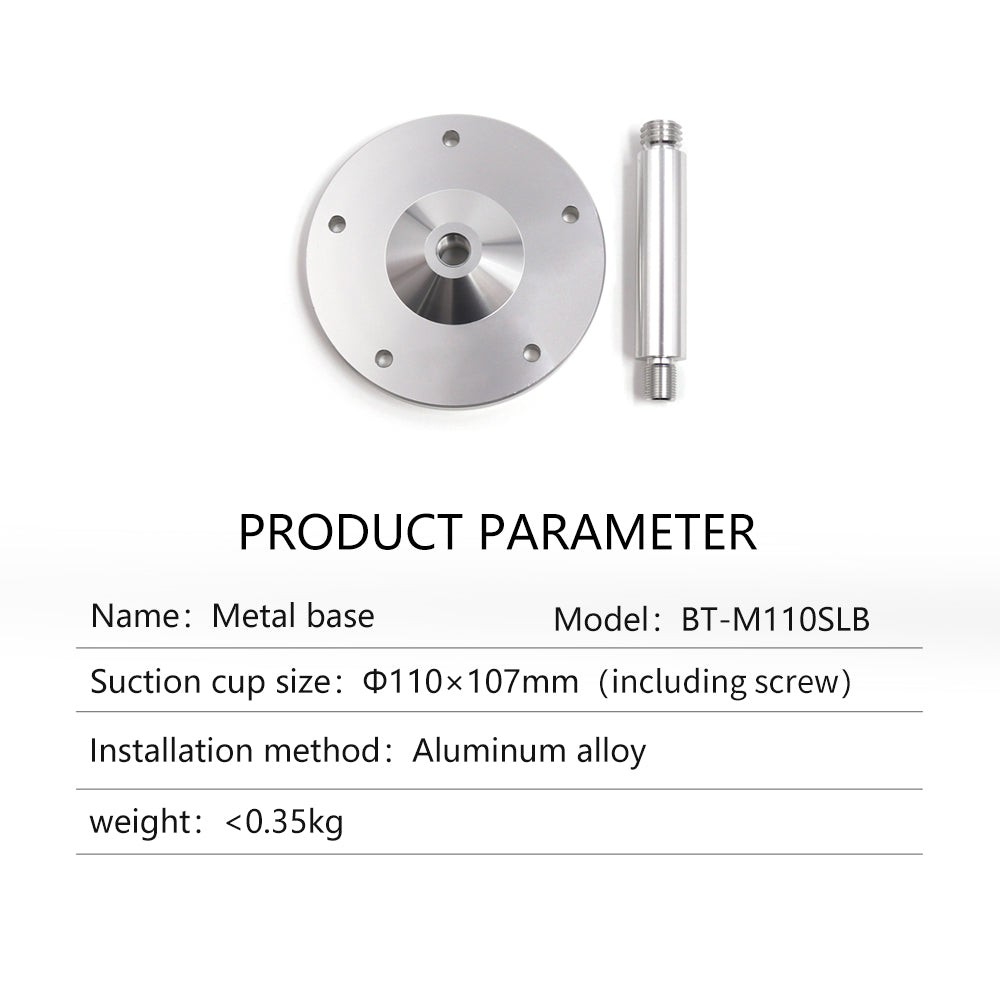 Metal base BT-M110SLB parameter card showing Φ110×107 mm size and aluminum alloy installation