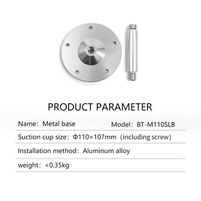Metal base BT-M110SLB parameter card showing Φ110×107 mm size and aluminum alloy installation