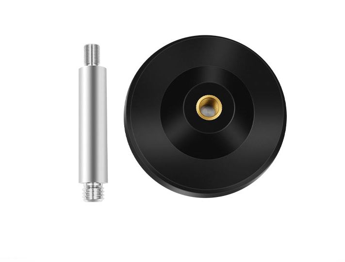 Magnetic GNSS antenna base with threaded extension rod, top view and side view