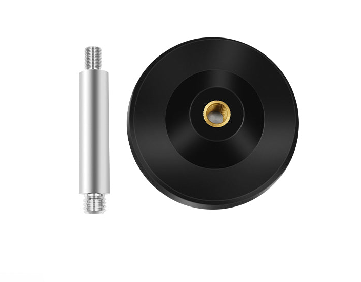 Magnetic mount base with threaded adapter post, black round base and silver extension screw