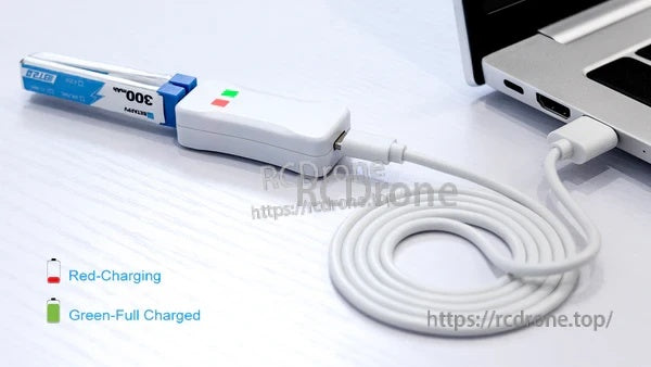 BT2.0 charger connected via USB‑C, charging a BT2.0 1S battery with red/green status lights
