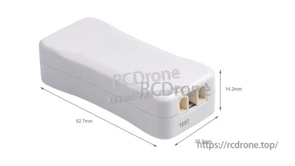 Compact charger dimensions and dual BT2.0 ports, with OUT1/OUT2 and TEST label visible