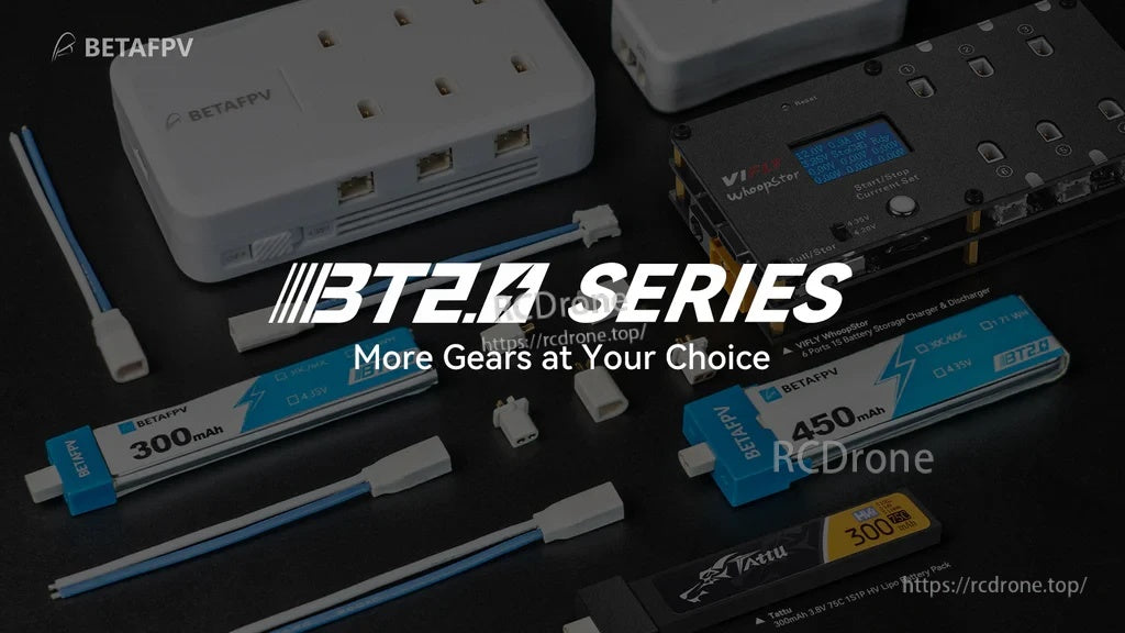 BT2.0 series accessories and 1S batteries arranged together, highlighting the BT2.0 ecosystem