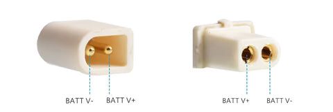 BT2.0 connector polarity markings on molded case with BATT V+ and BATT V- indicated