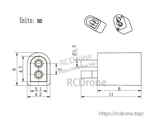 BT2.0 connector mechanical drawing with dimensions in mm including 11 mm overall length and Ø1.3 contact hole