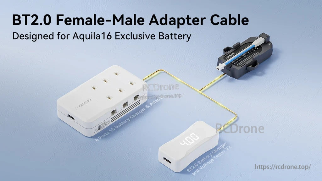 BT2.0 female-to-male adapter cable for Aquila16 battery charging with 6-port 1S charger and BT2.0 tester