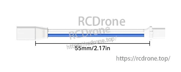 BT2.0 female-to-male adapter cable length detail, 55 mm (2.17 in) lead with blue and white wires