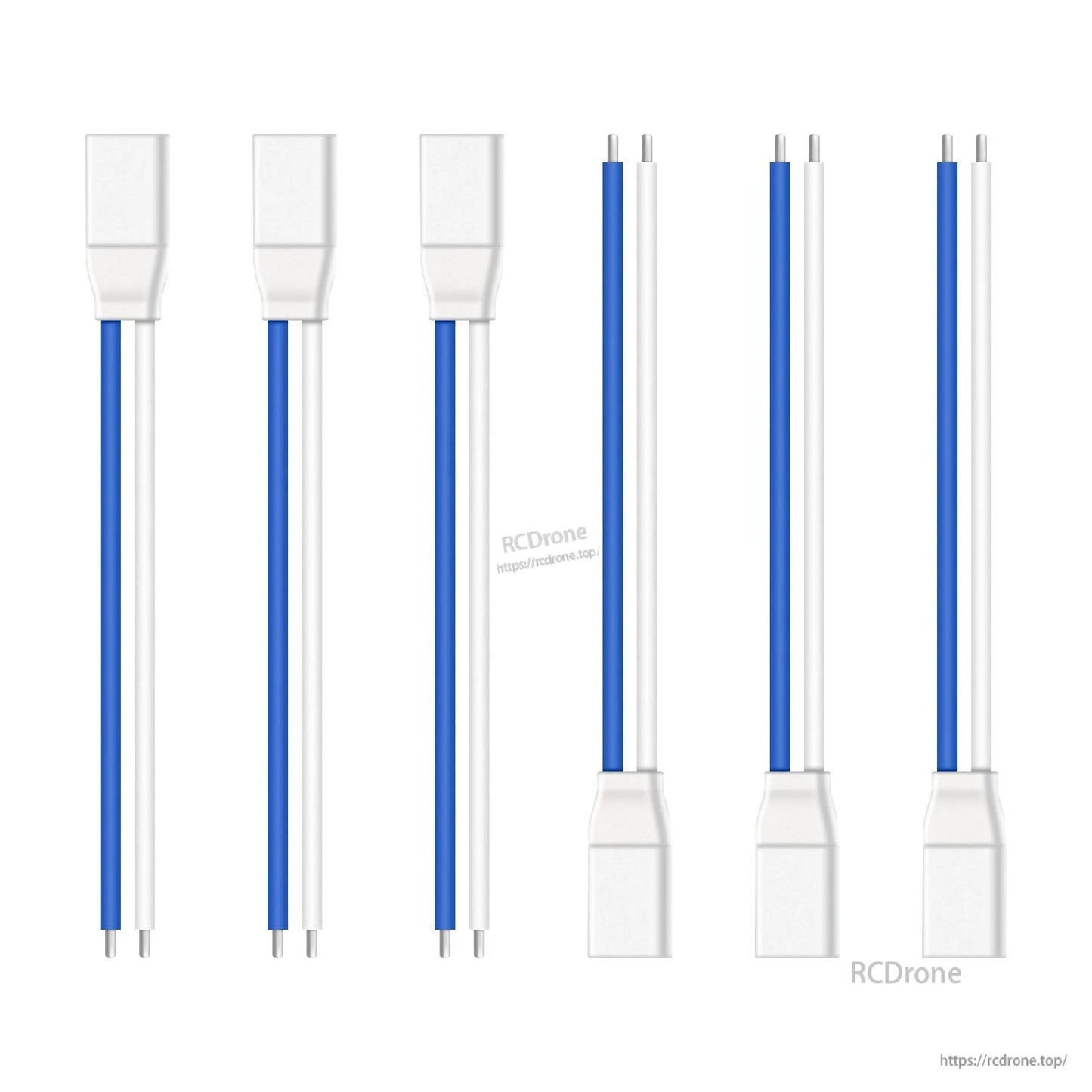 Multiple pigtail leads with blue/white wires and bare ends shown from both connector orientations