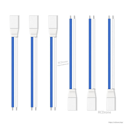 Multiple pigtail leads with blue/white wires and bare ends shown from both connector orientations