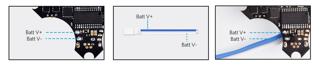 Close-up guide highlighting BATT V+ and BATT V- solder pad locations for connecting a BT2.0 pigtail
