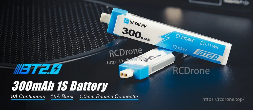1S 300mAh BT2.0 battery pack highlighting 1.0mm banana connector and 9A continuous, 15A burst rating
