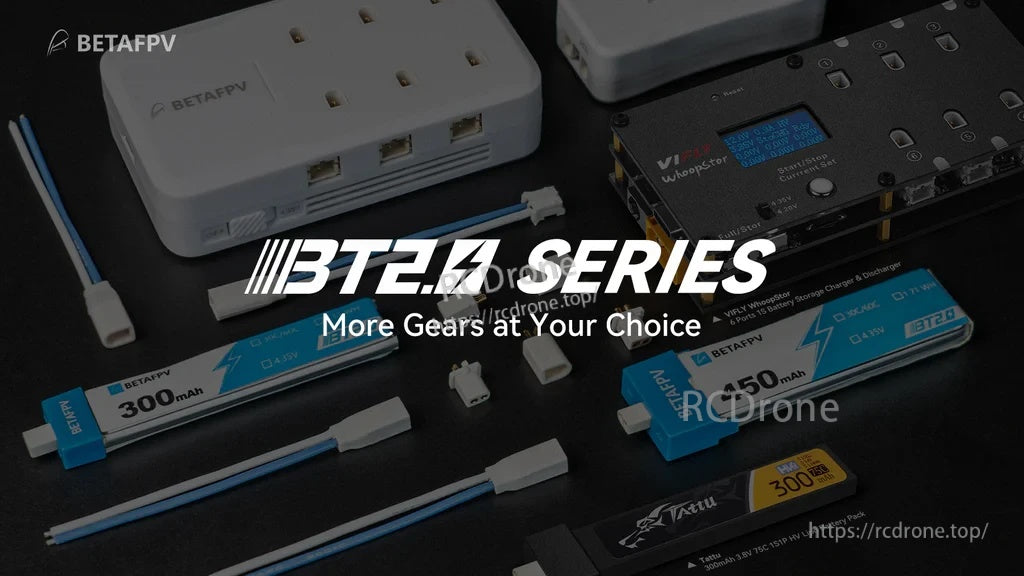 BT2.0 series accessories collection with 1S batteries, chargers, and BT2.0 connector leads on a workbench