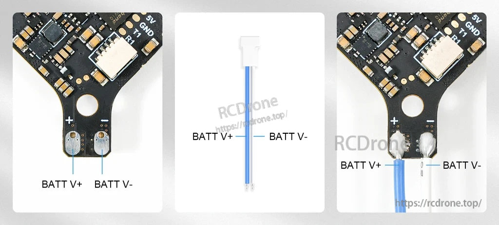 Wiring polarity guide for BT2.0 pigtail on 1S flight controller pads: blue to BATT V+ and white to BATT V-