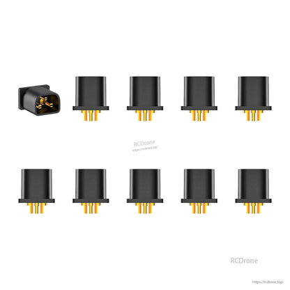 Black connector set with socket close-up and multiple 3-pin gold terminal inserts