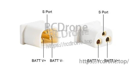 BT3.0 3‑pin layout labeled S Port, BATT V+ and BATT V‑ for 2S whoop batteries