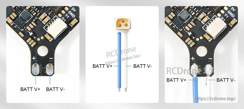 Wiring guide for BT3.0 pigtail showing BATT V+ and BATT V− solder pad connections on a flight controller