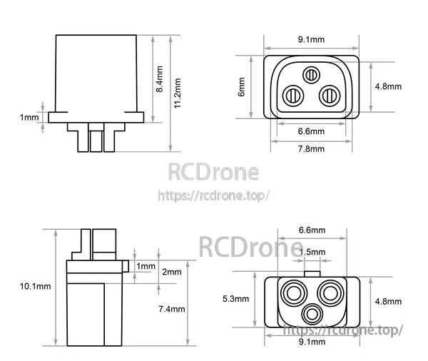 BT3.0 connector dimension drawing with key measurements for male and female housings (mm)