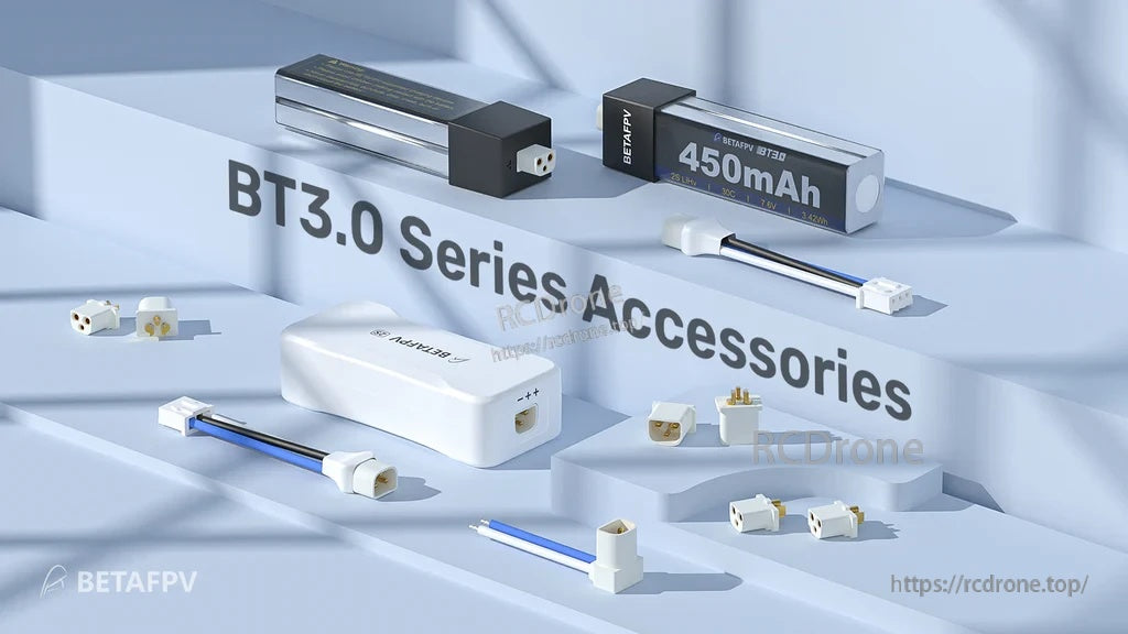 BT3.0 series accessories including connectors, pigtails, and 2S battery packs for whoop drones