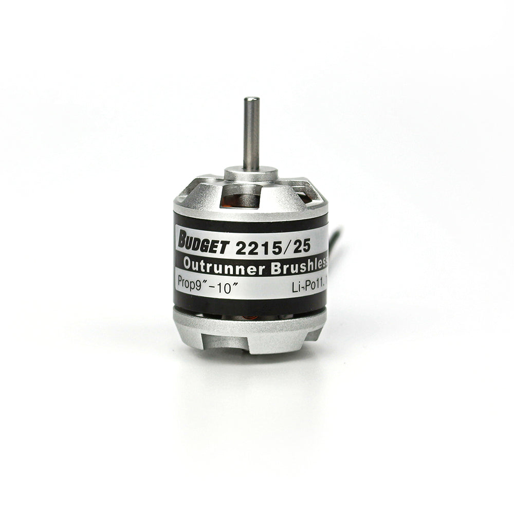 EMax Budget 2215/25 outrunner brushless motor, front view with shaft and label