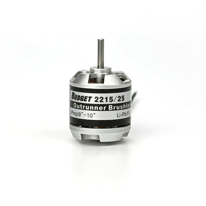 EMax Budget 2215/25 outrunner brushless motor, front view with shaft and label