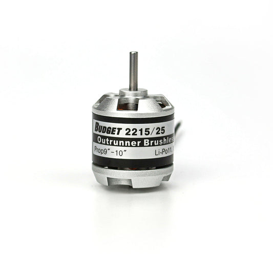 EMax Budget 2215/25 outrunner brushless motor, front view with shaft and label