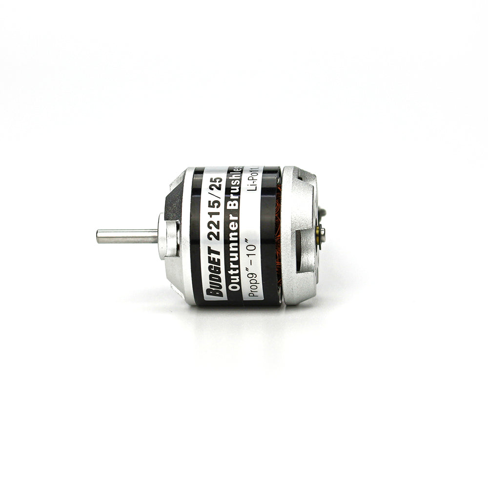 Side profile of Budget 2215/25 outrunner motor showing shaft length and housing vents