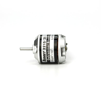 Side profile of Budget 2215/25 outrunner motor showing shaft length and housing vents