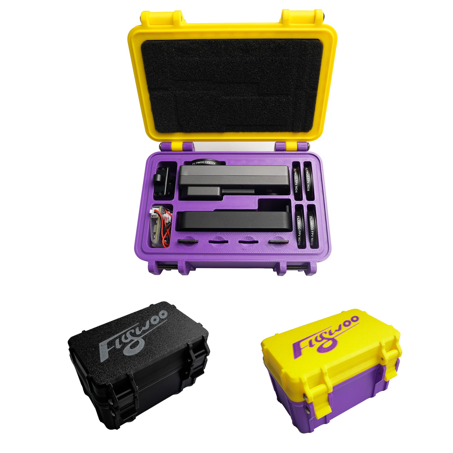 Flywoo 3D printed storage box with foam insert, purple case with yellow lid, organized compartments