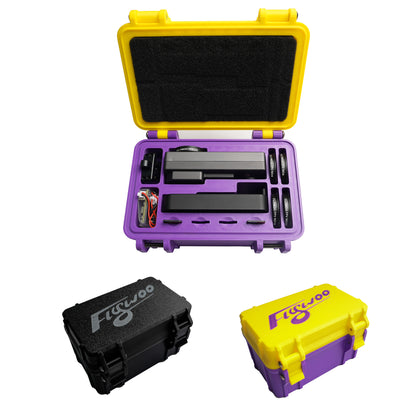 Flywoo 3D printed storage box with foam insert, purple case with yellow lid, organized compartments