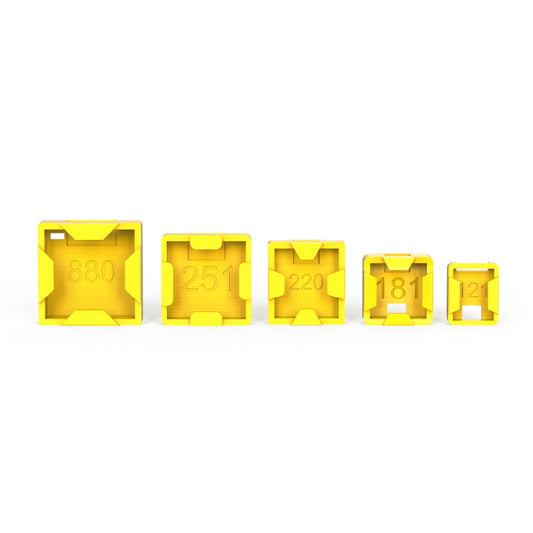 BEE35 Master 5 V2 GPS 3D TPU Mount, Yellow 3D-printed TPU GPS mount set with five square sizes labeled 880, 251, 220, 181, and 121
