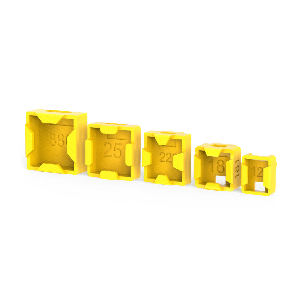 BEE35 Master 5 V2 GPS 3D TPU Mount, Yellow 3D printed TPU GPS mount inserts in multiple sizes, labeled 88, 25, 22, 18 and 12