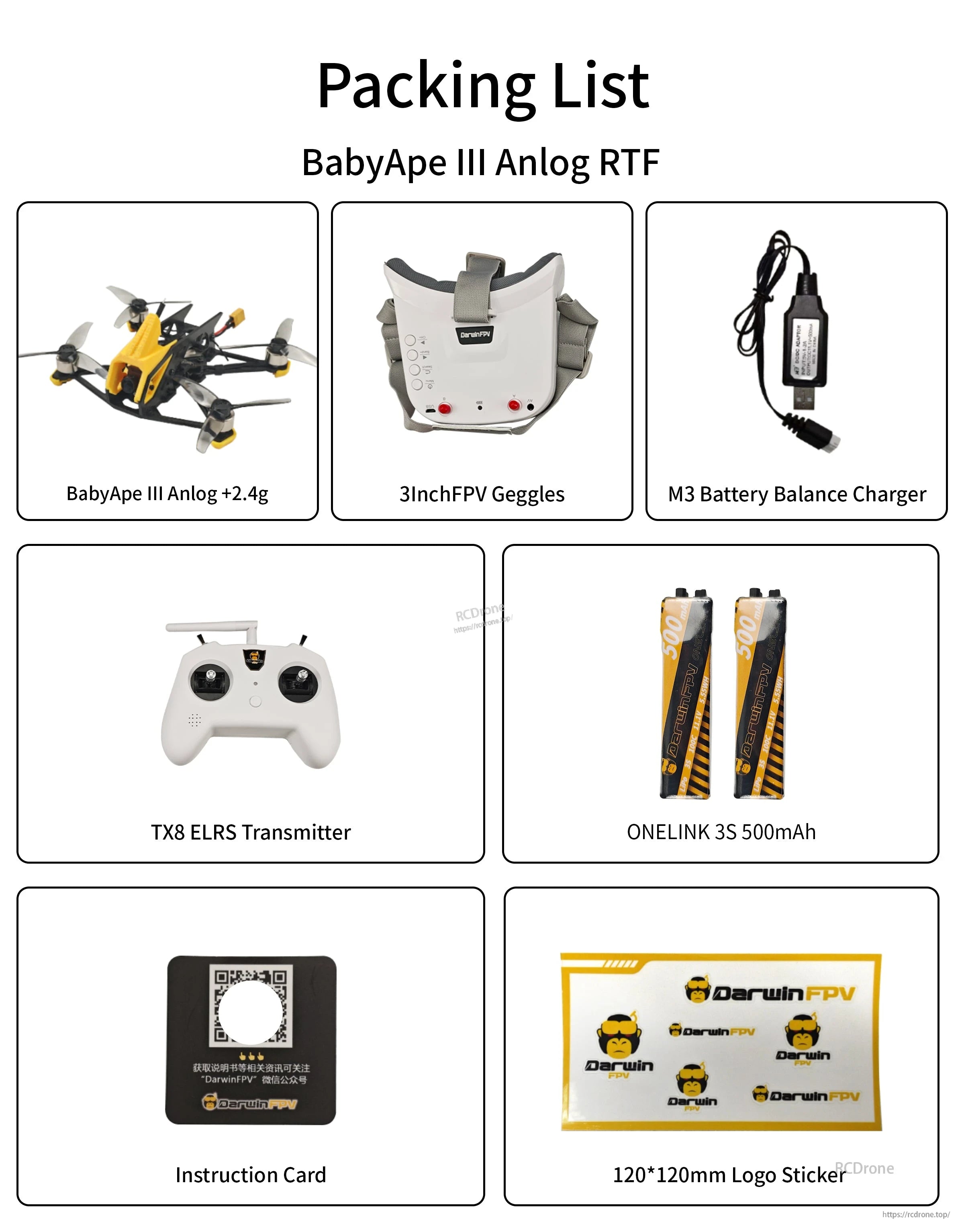 BabyApe III Analog RTF packing list showing drone, 3-inch FPV goggles, TX8 transmitter, charger and accessories