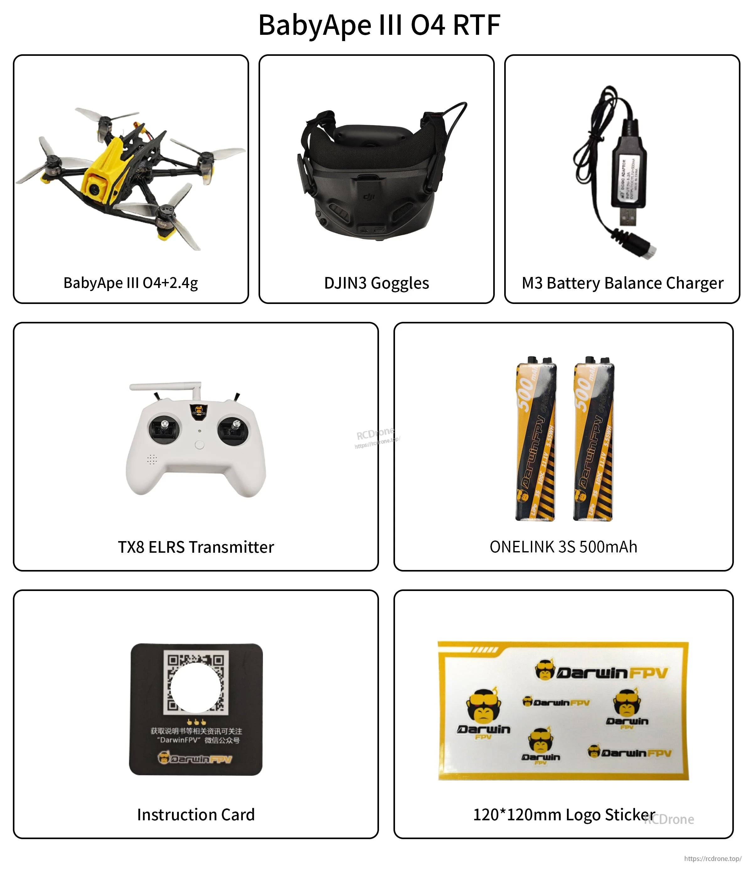 BabyApe III O4 RTF packing list with DJI N3 goggles, TX8 transmitter, balance charger, batteries and accessories