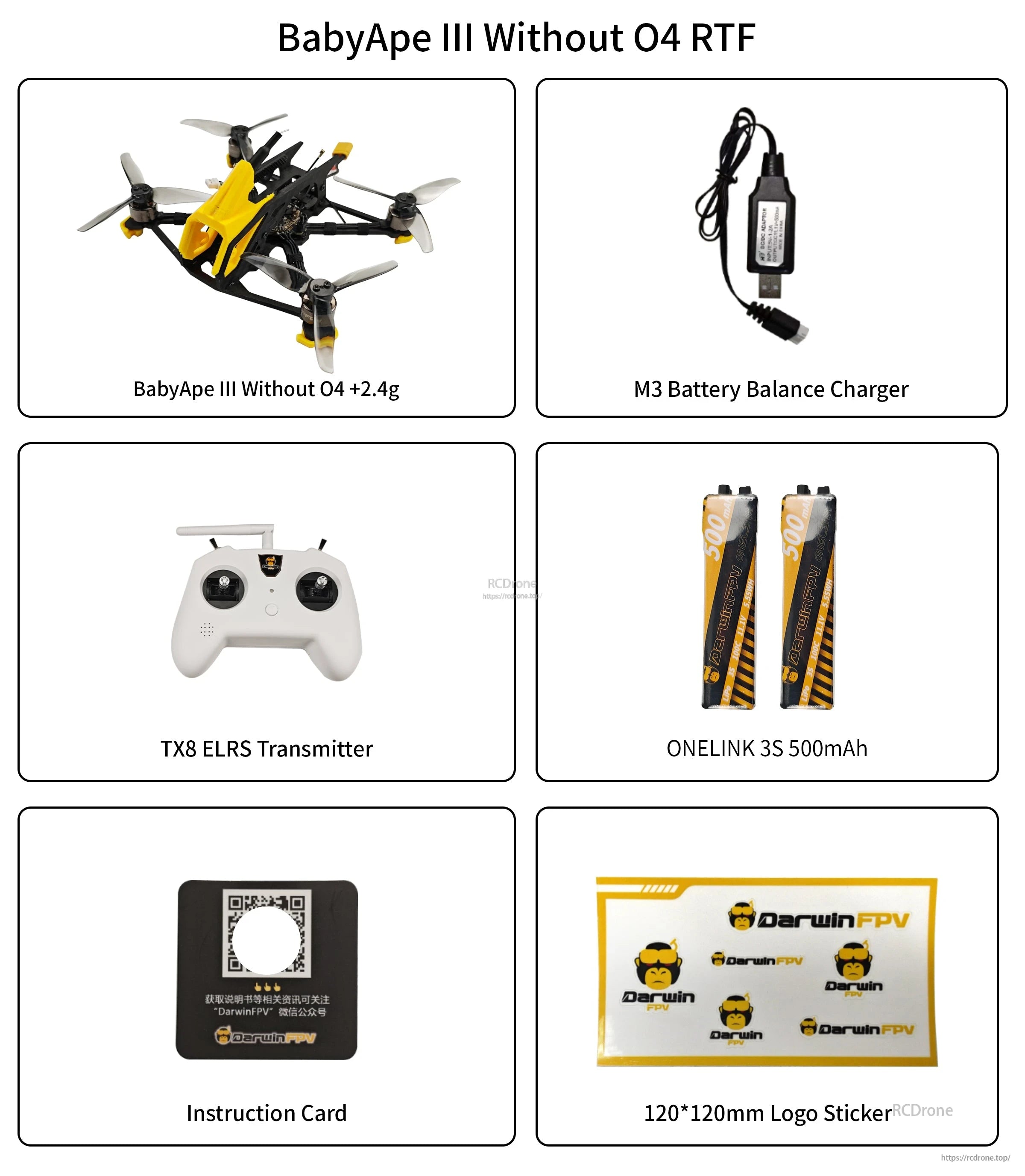 BabyApe III Without O4 RTF packing list with drone, TX8 ELRS transmitter, balance charger, batteries and sticker