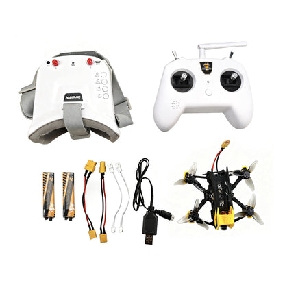 DarwinFPV kit contents: FPV goggles, radio controller, mini quadcopter, batteries, charger and leads