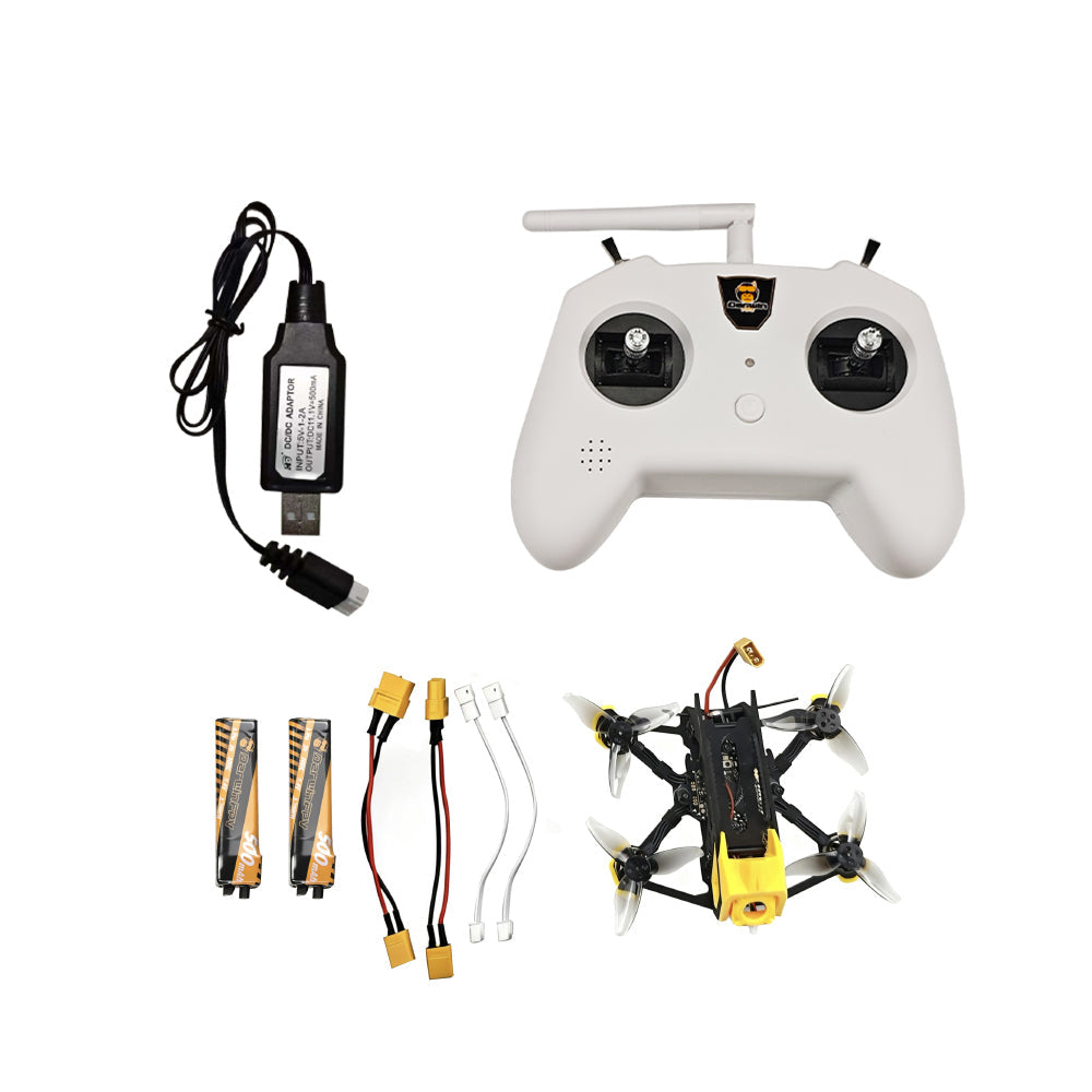 DarwinFPV FPV drone kit with radio controller, quadcopter, USB charger, batteries and cables